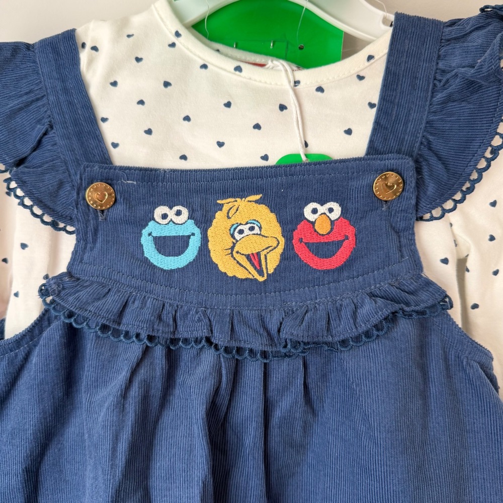 New 18M Sesame Street Friends Toddler Girl Corduroy Dress Outfit Socks Bag Blue - Picture 3 of 7